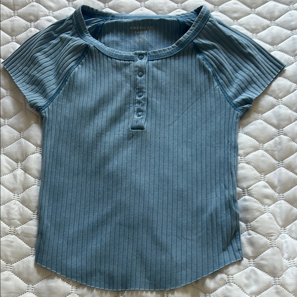 American Eagle Blue Button Down Shirt with Ribbed Texture